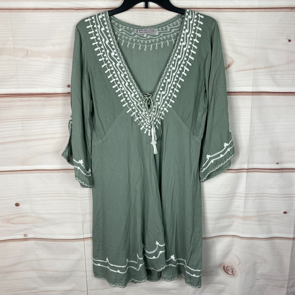 Kiwi St. Tropez Dress Womens S Green Embroidered V-Neck Lace Up Cover Up Beach